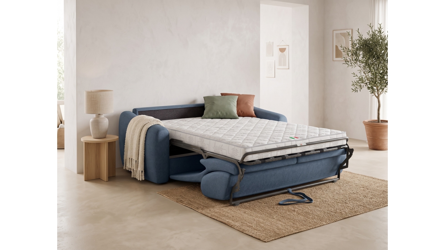 Canapé droit convertible 3 places en tissu chenille bleu foncé - ouverture express - Suzie Canapé droit convertible 3 places en tissu chenille bleu foncé - ouverture express - Suzie