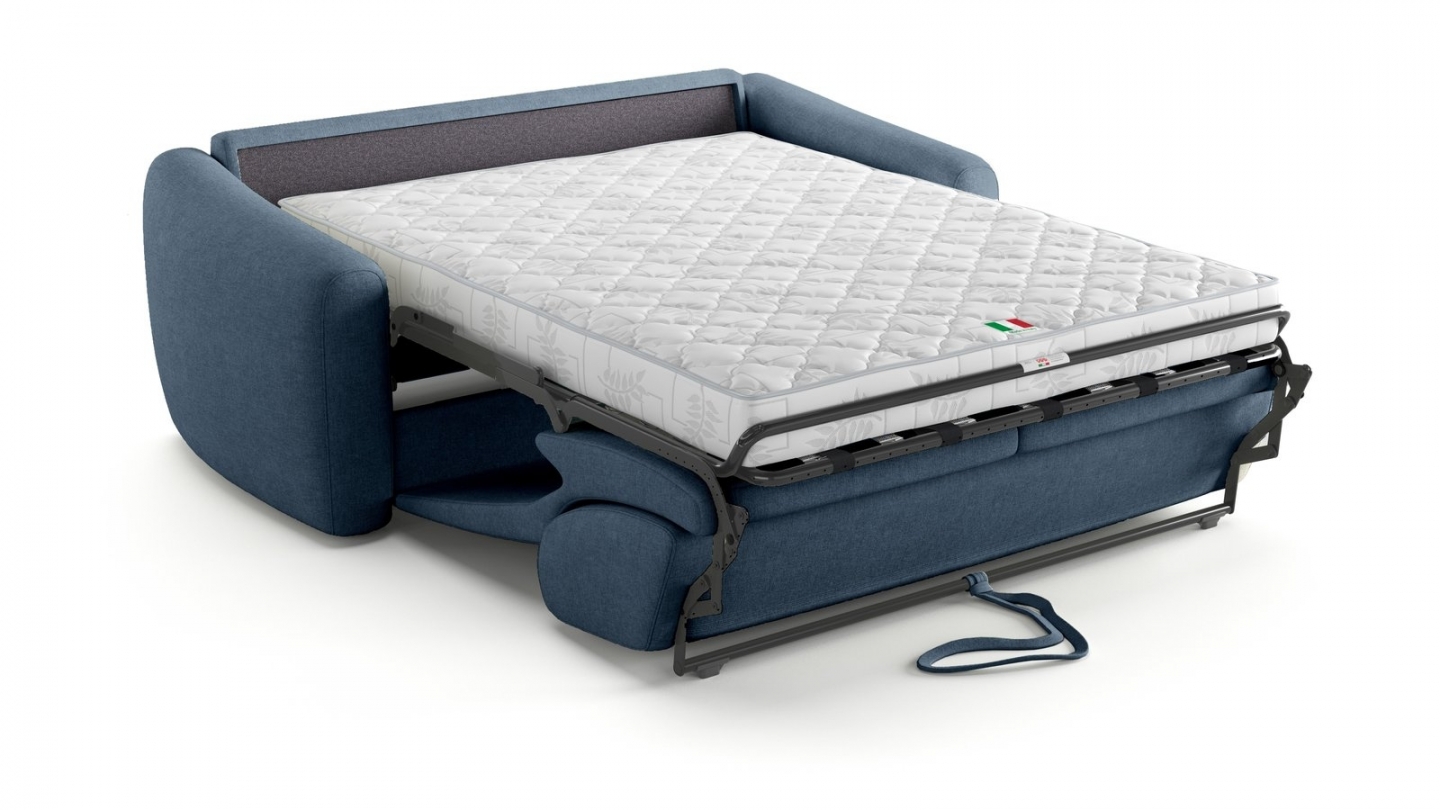 Canapé droit convertible 3 places en tissu chenille bleu foncé - ouverture express - Suzie Canapé droit convertible 3 places en tissu chenille bleu foncé - ouverture express - Suzie