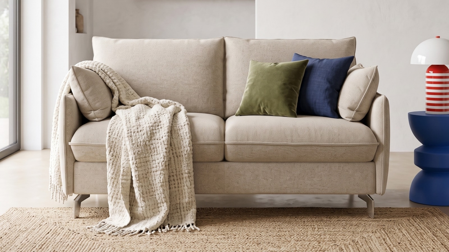 Canapé droit convertible 3 places en tissu chenille beige - ouverture express - Astoria Canapé droit convertible 3 places en tissu chenille beige - ouverture express - Astoria