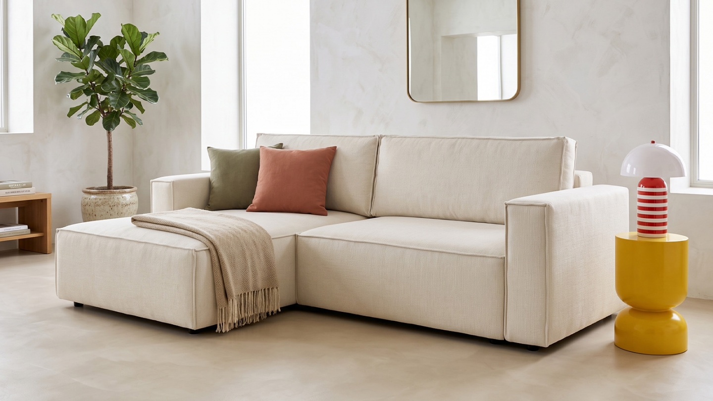 Canapé d'angle à gauche convertible 3 places en tissu chenille beige - Asti Canapé d'angle à gauche convertible 3 places en tissu chenille beige - Asti