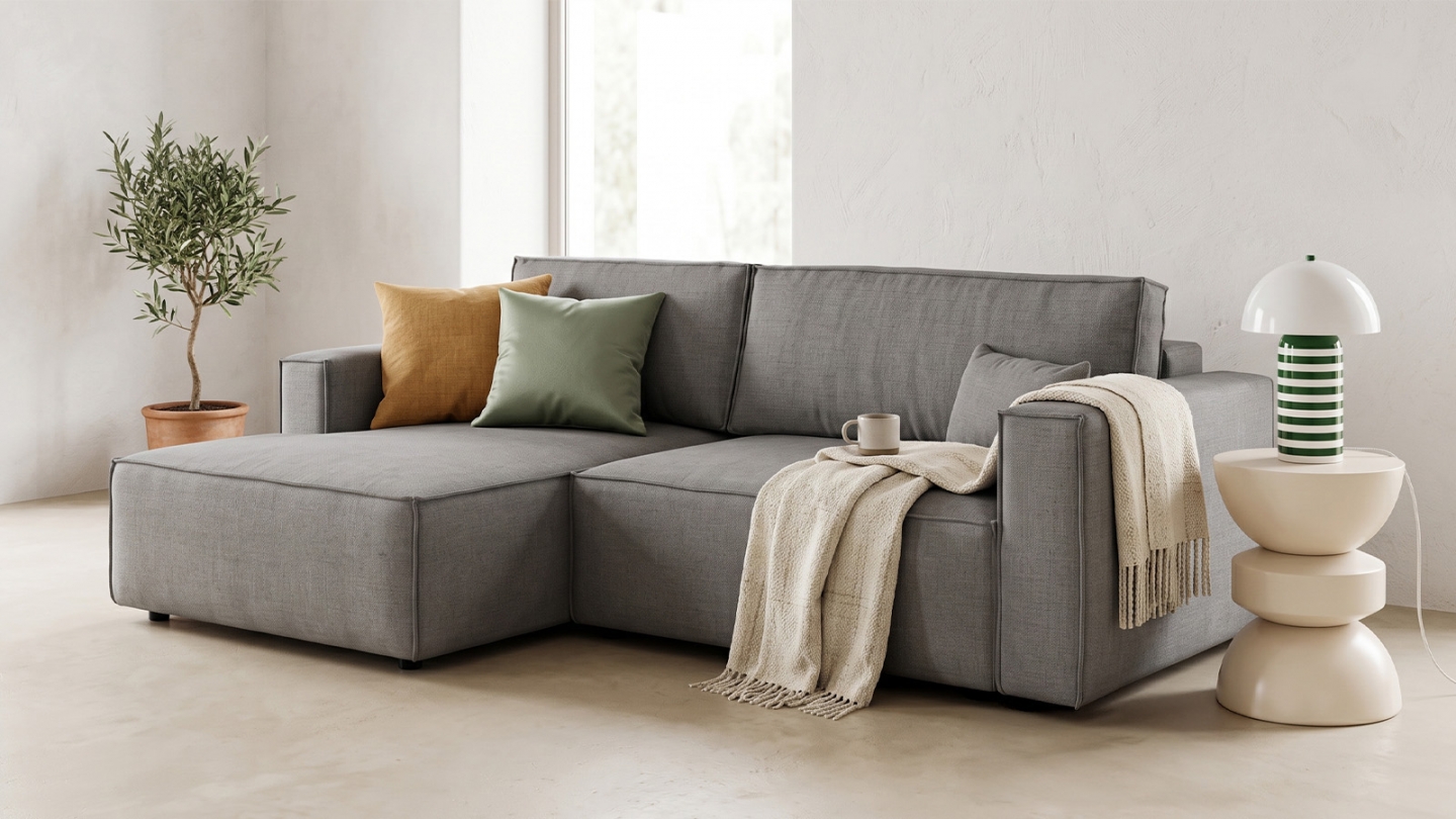 Canapé d'angle à gauche convertible 3 places en tissu chenille gris - Asti Canapé d'angle à gauche convertible 3 places en tissu chenille gris - Asti