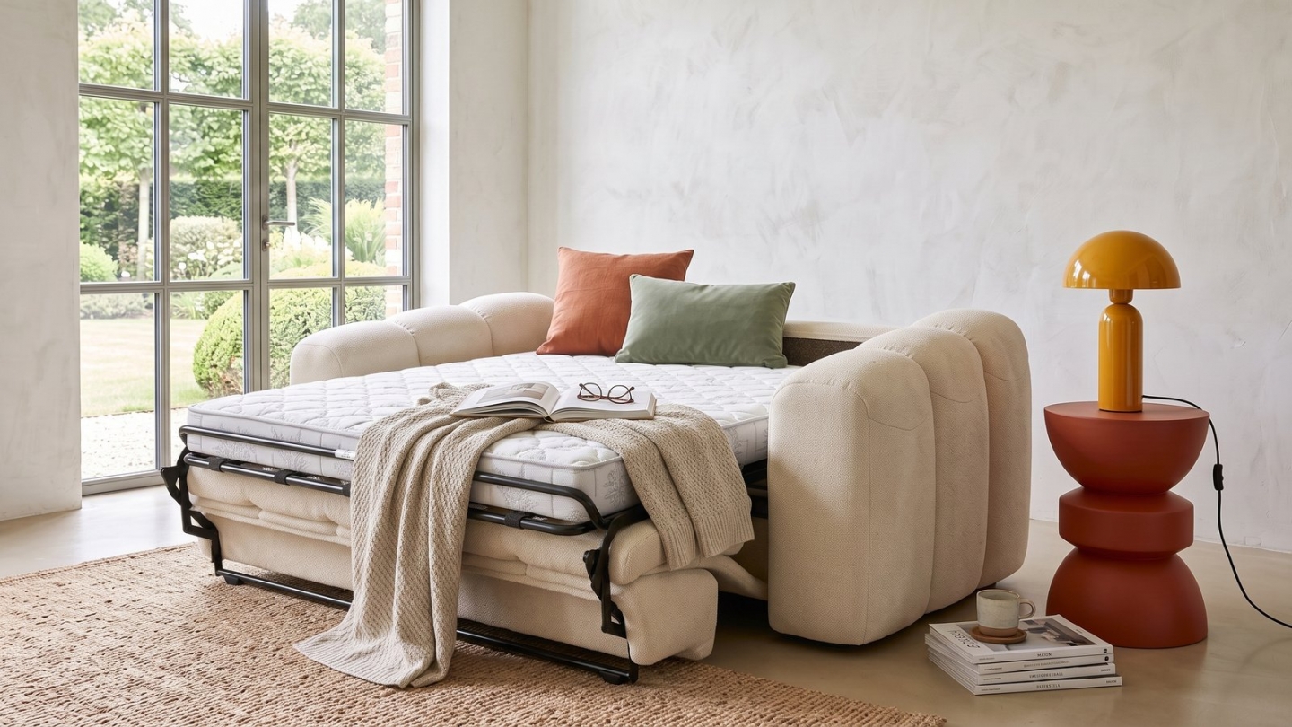 Canapé capitonné convertible 3 places en tissu chenille beige - ouverture express - Belleville Canapé capitonné convertible 3 places en tissu chenille beige - ouverture express - Belleville
