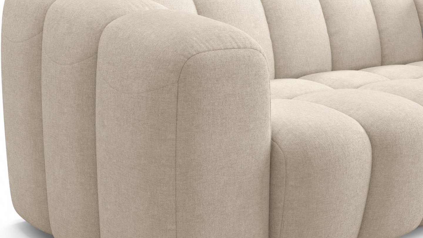 Canapé capitonné convertible 3 places en tissu chenille beige - ouverture express - Belleville Canapé capitonné convertible 3 places en tissu chenille beige - ouverture express - Belleville