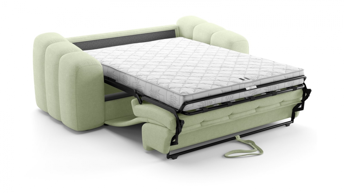 Canapé capitonné convertible 3 places en tissu chenille vert sauge - ouverture express - Belleville Canapé capitonné convertible 3 places en tissu chenille vert sauge - ouverture express - Belleville