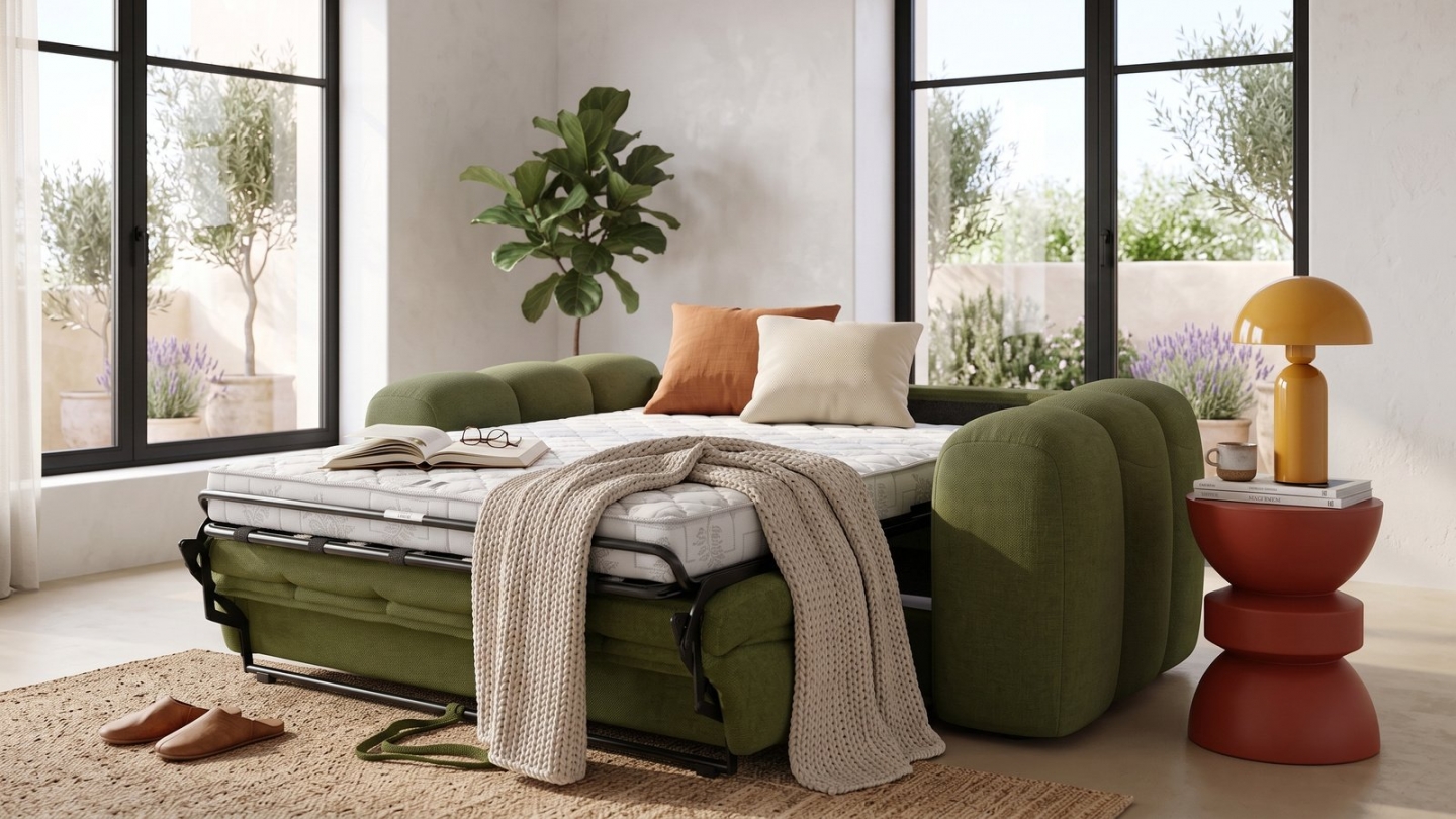 Canapé capitonné convertible 3 places en tissu chenille vert olive - ouverture express - Belleville Canapé capitonné convertible 3 places en tissu chenille vert olive - ouverture express - Belleville