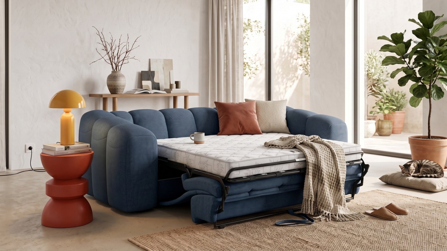 Canapé capitonné convertible 3 places en tissu chenille bleu foncé - ouverture express - Belleville Canapé capitonné convertible 3 places en tissu chenille bleu foncé - ouverture express - Belleville