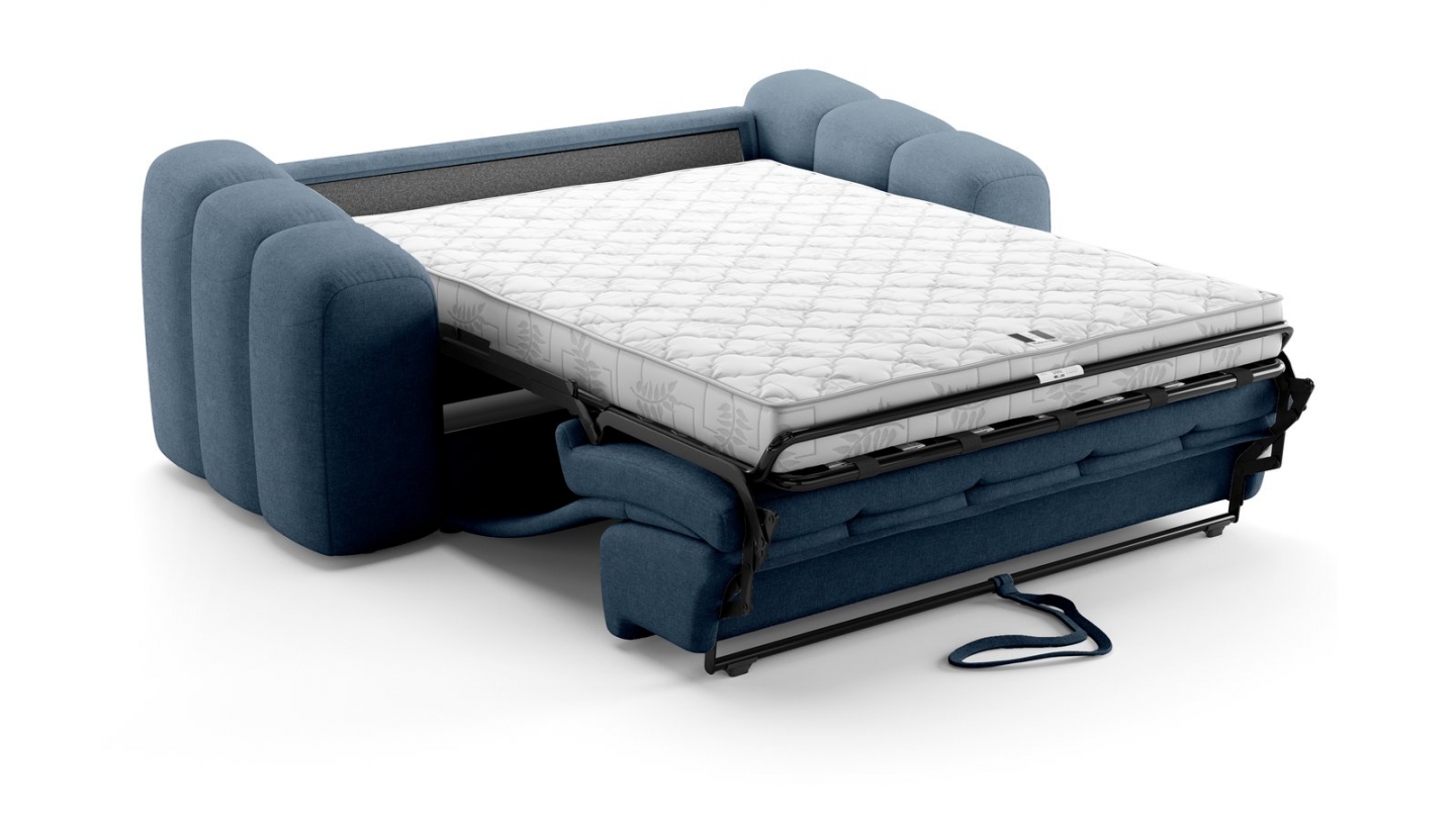 Canapé capitonné convertible 3 places en tissu chenille bleu foncé - ouverture express - Belleville Canapé capitonné convertible 3 places en tissu chenille bleu foncé - ouverture express - Belleville