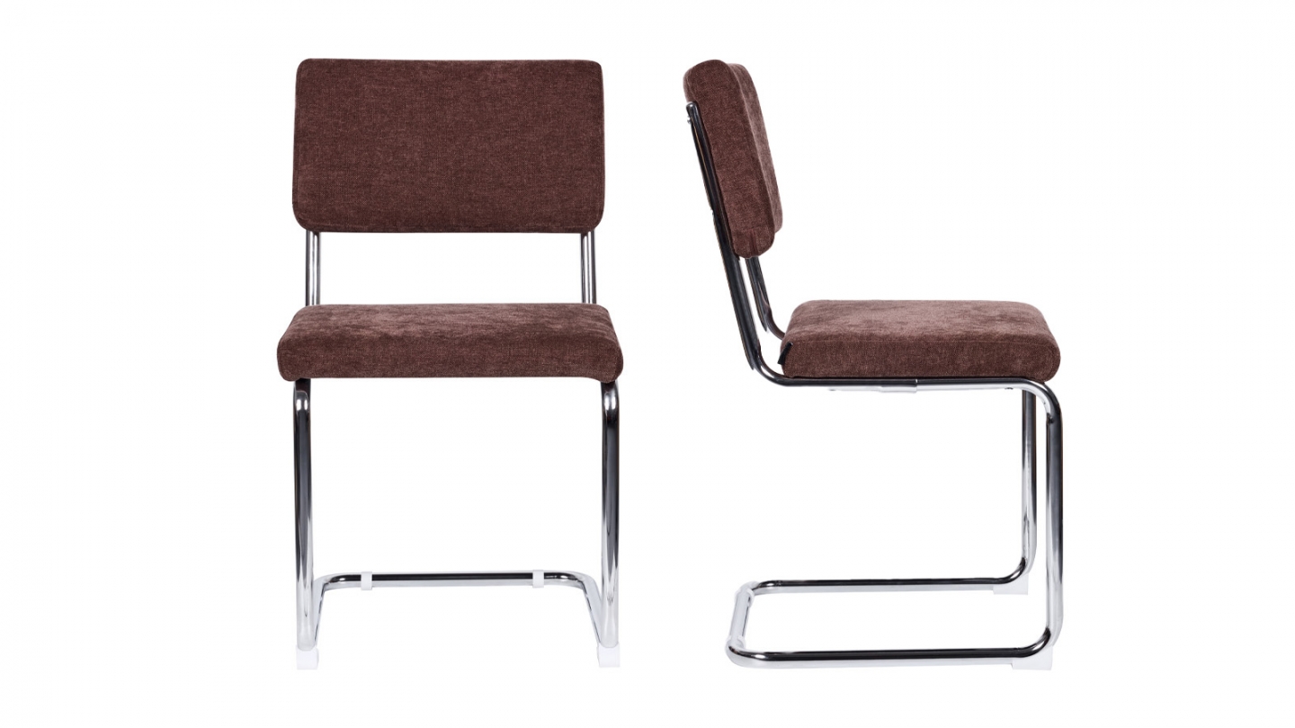 Lot de 2 chaises en tissu chenille marron et piètement chromé - Dulce Lot de 2 chaises en tissu chenille marron et piètement chromé - Dulce