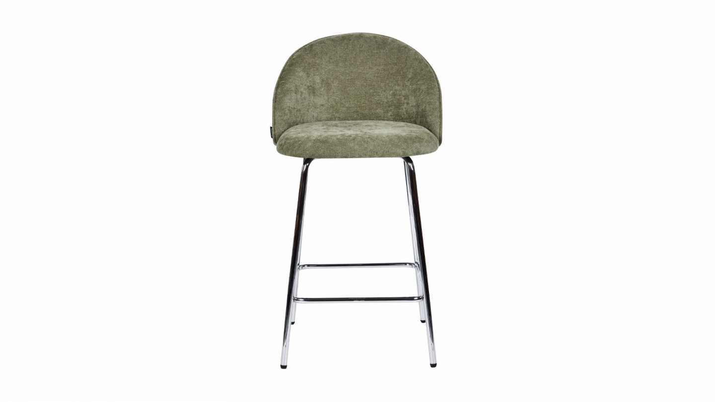 Lot de 2 tabourets de bar en tissu chenille vert olive, piètement chromé - Alta Lot de 2 tabourets de bar en tissu chenille vert olive, piètement chromé - Alta