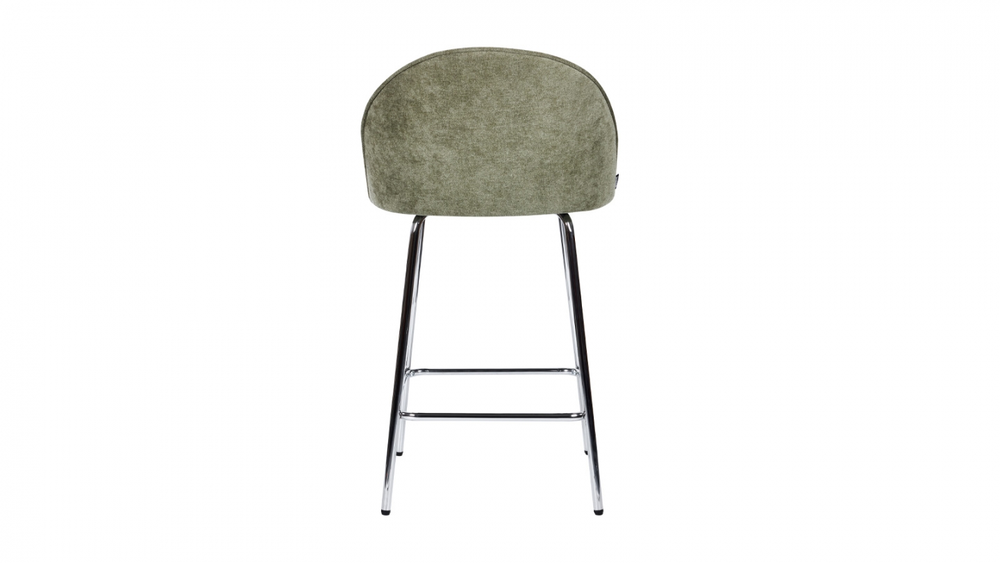 Lot de 2 tabourets de bar en tissu chenille vert olive, piètement chromé - Alta Lot de 2 tabourets de bar en tissu chenille vert olive, piètement chromé - Alta
