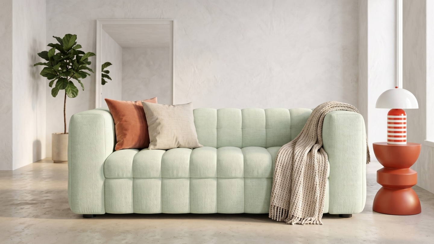 Canapé capitonné convertible 3 places en tissu chenille vert sauge - ouverture express - Cester Canapé capitonné convertible 3 places en tissu chenille vert sauge - ouverture express - Cester
