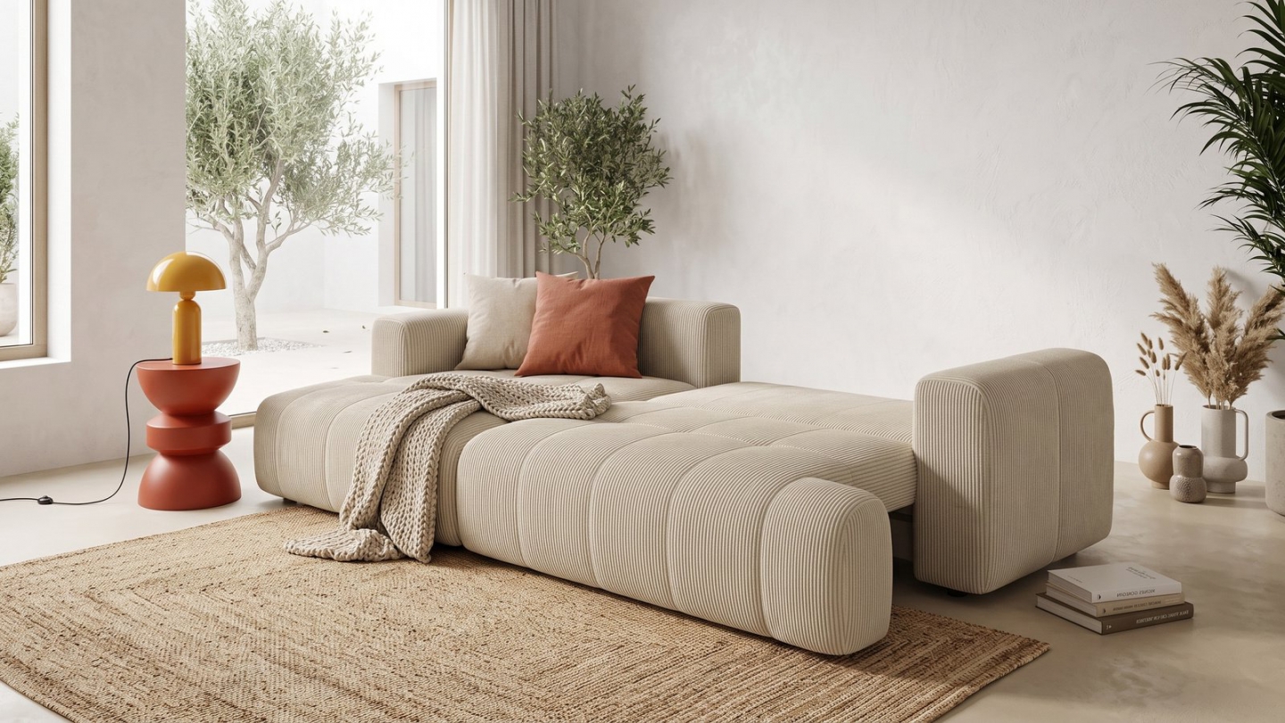 Canapé d'angle à gauche convertible 4 places en tissu chenille beige - ouverture rapide - Karl Canapé d'angle à gauche convertible 4 places en tissu chenille beige - ouverture rapide - Karl