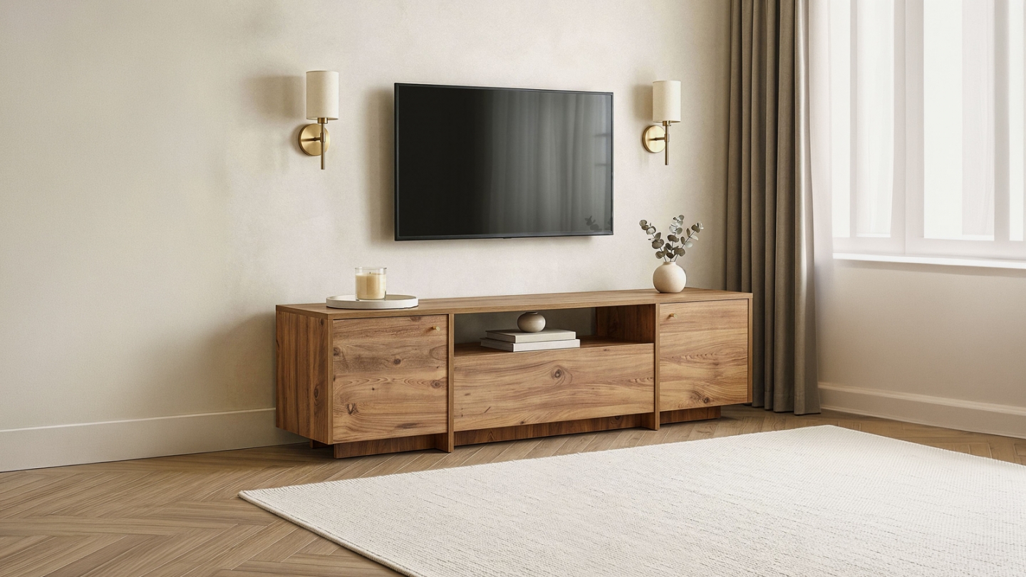 Meuble TV 3 portes 1 niche effet pin 180 cm - Lira Meuble TV 3 portes 1 niche effet pin 180 cm - Lira