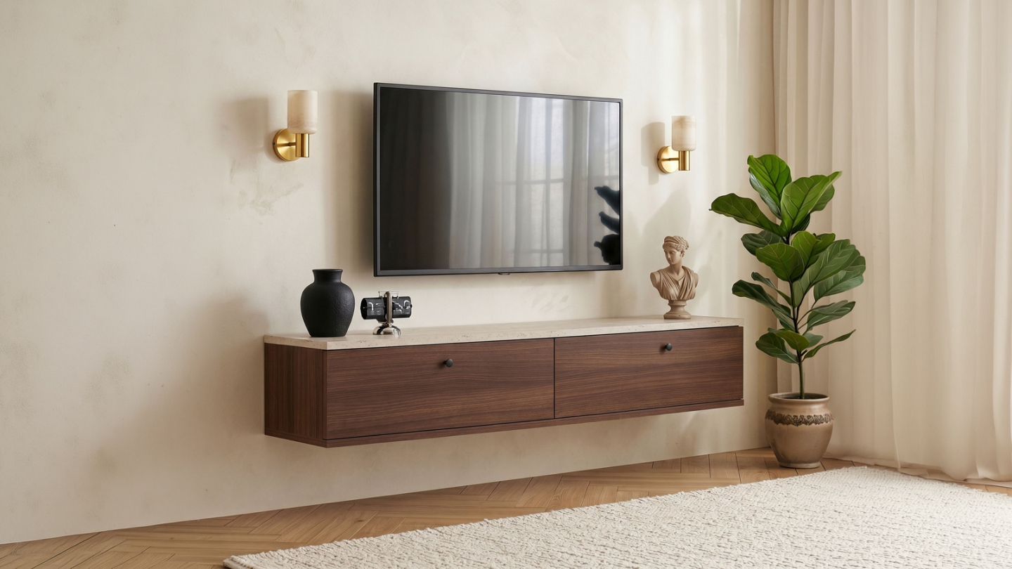 Meuble TV 2 portes effet travertin et noyer 140 cm - Farel Meuble TV 2 portes effet travertin et noyer 140 cm - Farel