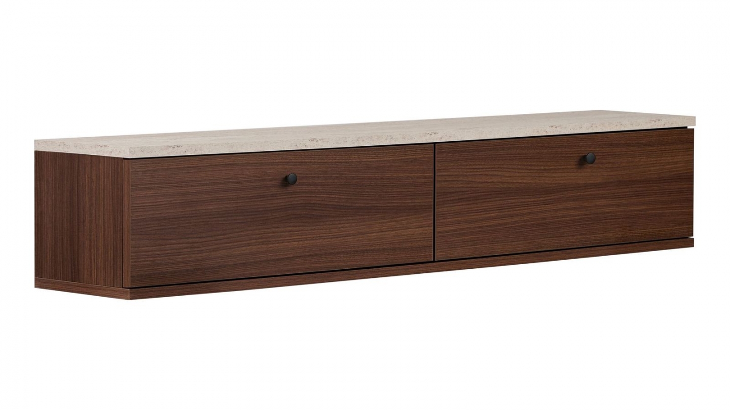 Meuble TV 2 portes effet travertin et noyer 140 cm - Farel Meuble TV 2 portes effet travertin et noyer 140 cm - Farel