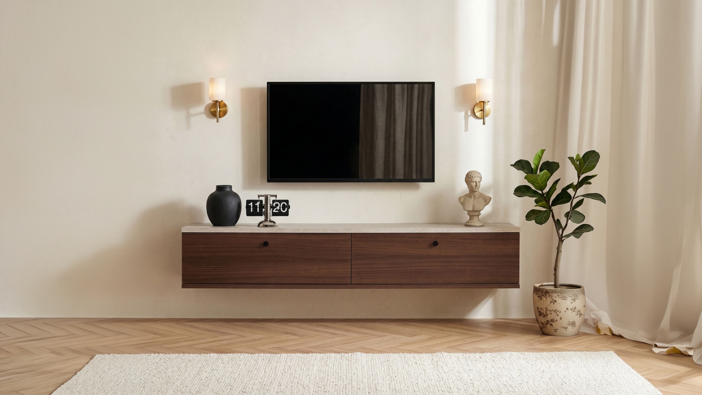 Meuble TV 2 portes effet travertin et noyer 140 cm - Farel Meuble TV 2 portes effet travertin et noyer 140 cm - Farel