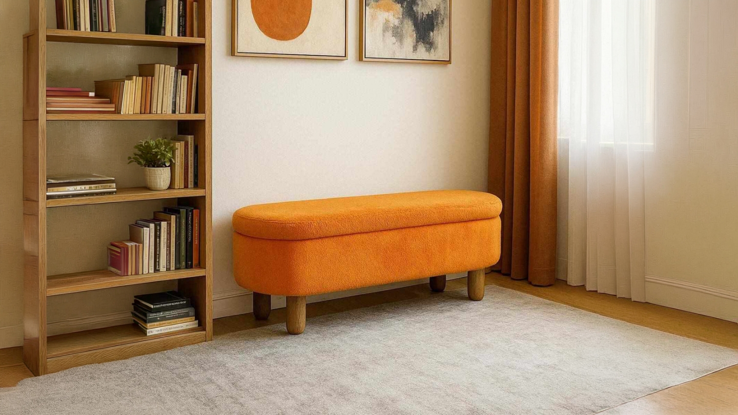 Banc coffre en tissu teddy orange 120 cm - Solen Banc coffre en tissu teddy orange 120 cm - Solen