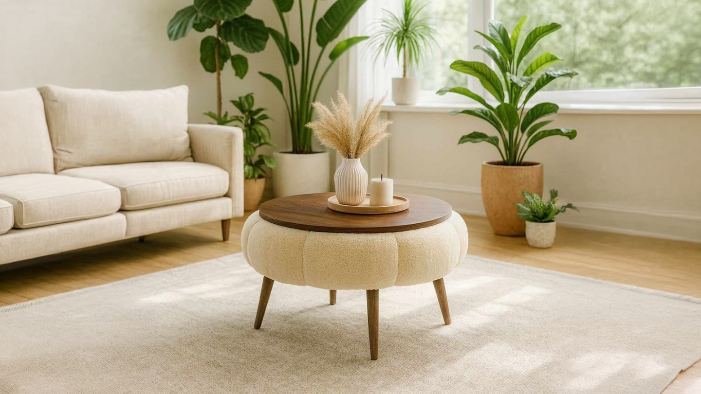 Table basse ronde en tissu teddy effet noyer et crème 60 cm - Silva Table basse ronde en tissu teddy effet noyer et crème 60 cm - Silva