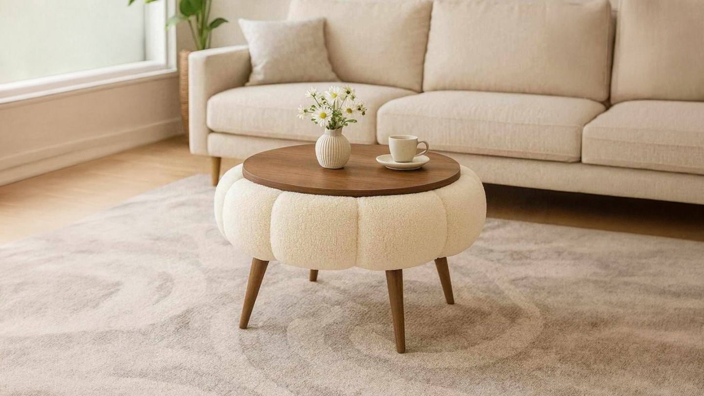 Table basse ronde en tissu teddy effet noyer et crème 60 cm - Silva Table basse ronde en tissu teddy effet noyer et crème 60 cm - Silva