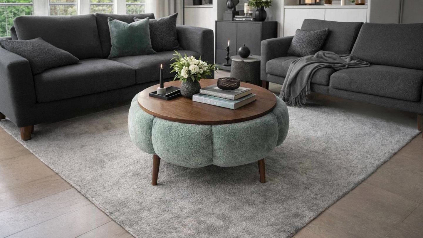 Table basse ronde en tissu teddy effet noyer et vert 60 cm - Silva Table basse ronde en tissu teddy effet noyer et vert 60 cm - Silva