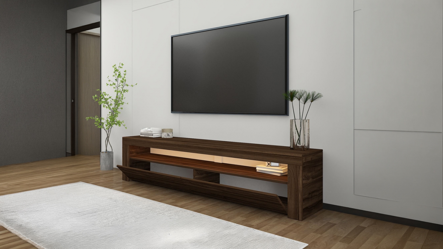 Meuble TV LED 2 portes 1 niche effet noyer 150 cm - Aveiro Meuble TV LED 2 portes 1 niche effet noyer 150 cm - Aveiro