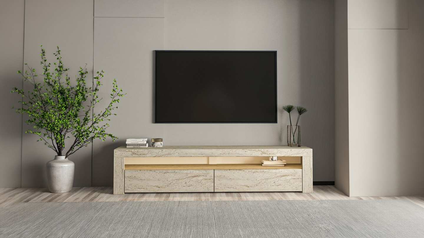 Meuble TV LED 2 portes 1 niche effet travertin 150 cm - Aveiro Meuble TV LED 2 portes 1 niche effet travertin 150 cm - Aveiro