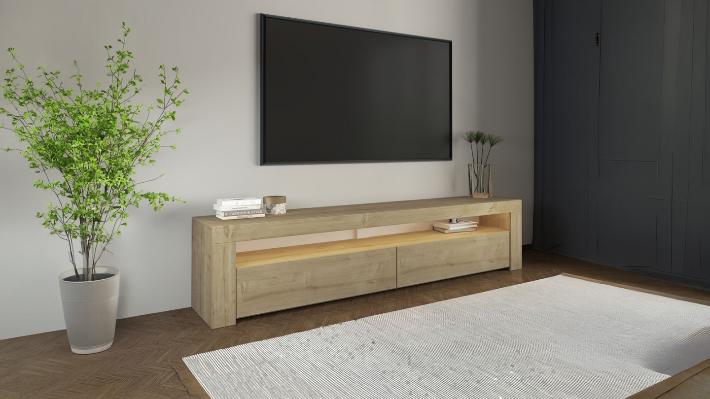 Meuble TV LED 2 portes 1 niche effet chêne clair 150 cm - Aveiro Meuble TV LED 2 portes 1 niche effet chêne clair 150 cm - Aveiro