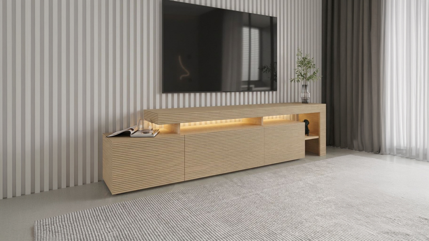 Meuble TV LED 3 portes 4 niches effet chêne 192 cm - Ilia Meuble TV LED 3 portes 4 niches effet chêne 192 cm - Ilia