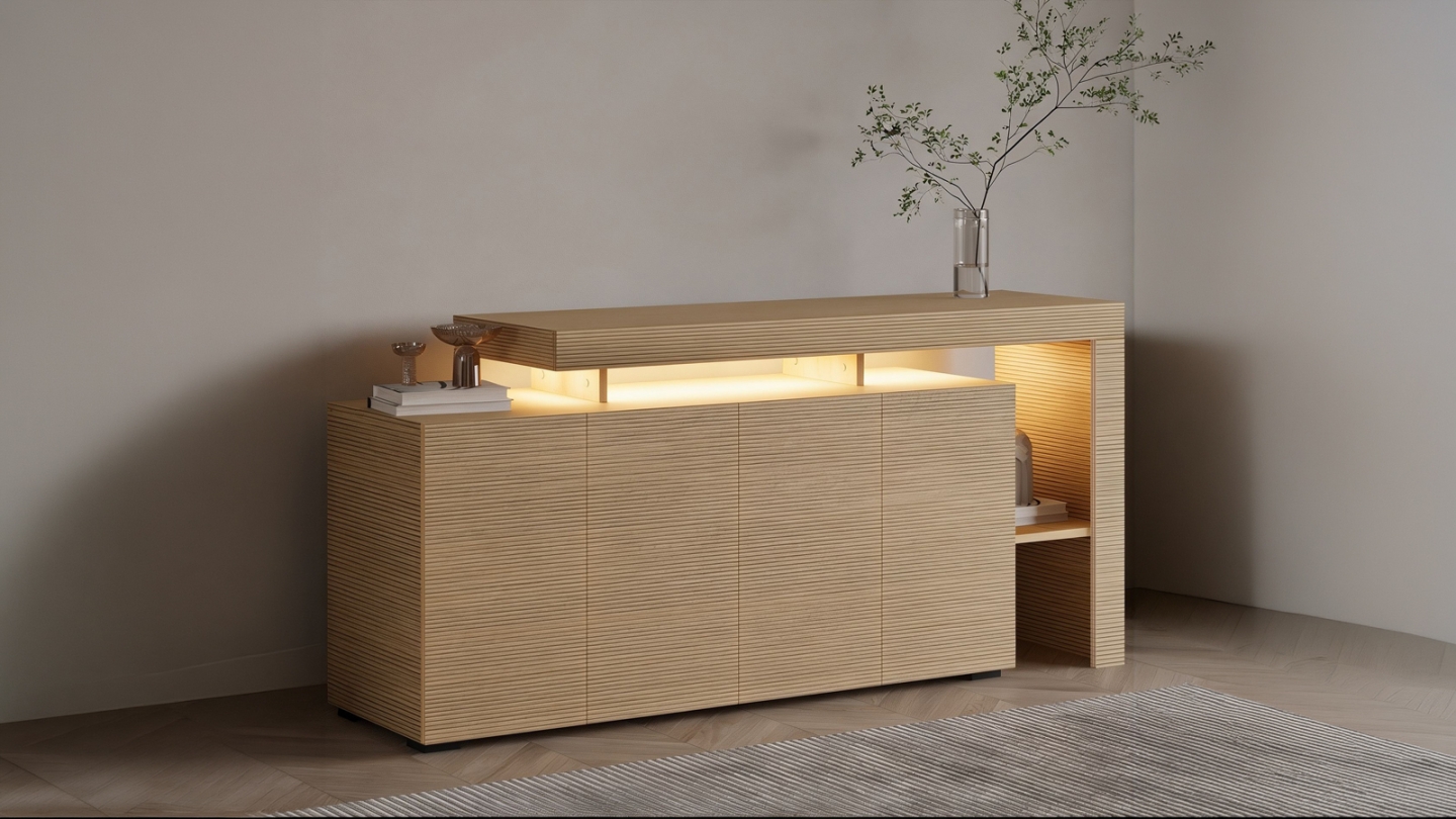 Buffet LED 4 portes 4 niches effet chêne 170 cm - Ilia Buffet LED 4 portes 4 niches effet chêne 170 cm - Ilia