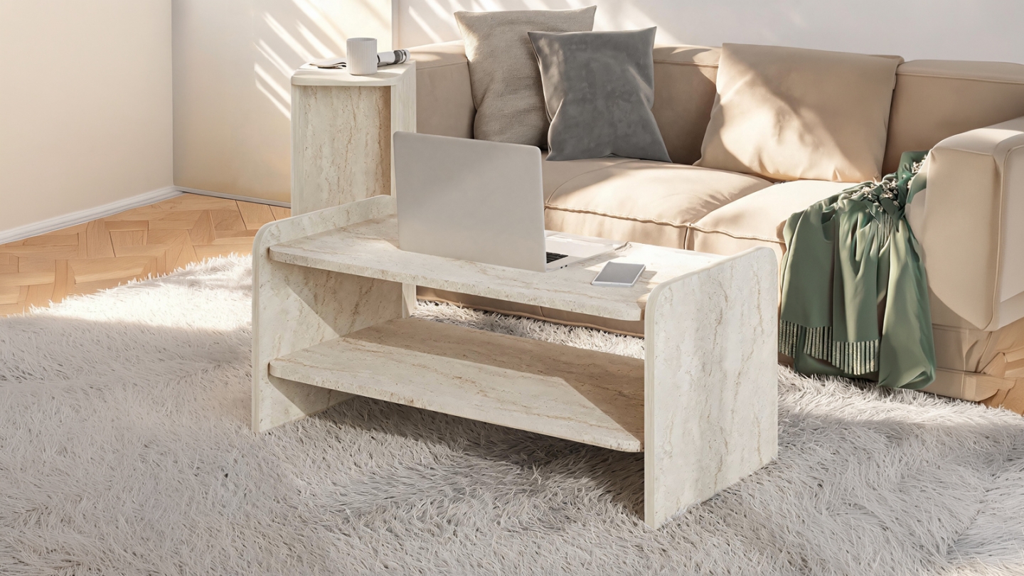 Table basse 1 niche effet travertin 89,8 cm - Cielo Table basse 1 niche effet travertin 89,8 cm - Cielo