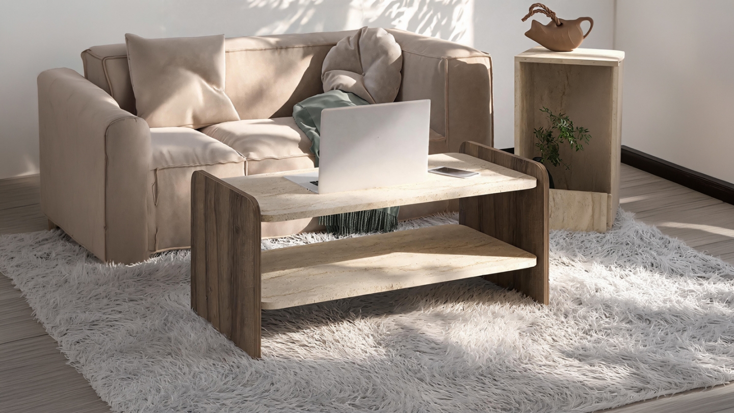 Table basse 1 niche effet travertin et noyer 89,8 cm - Cielo Table basse 1 niche effet travertin et noyer 89,8 cm - Cielo
