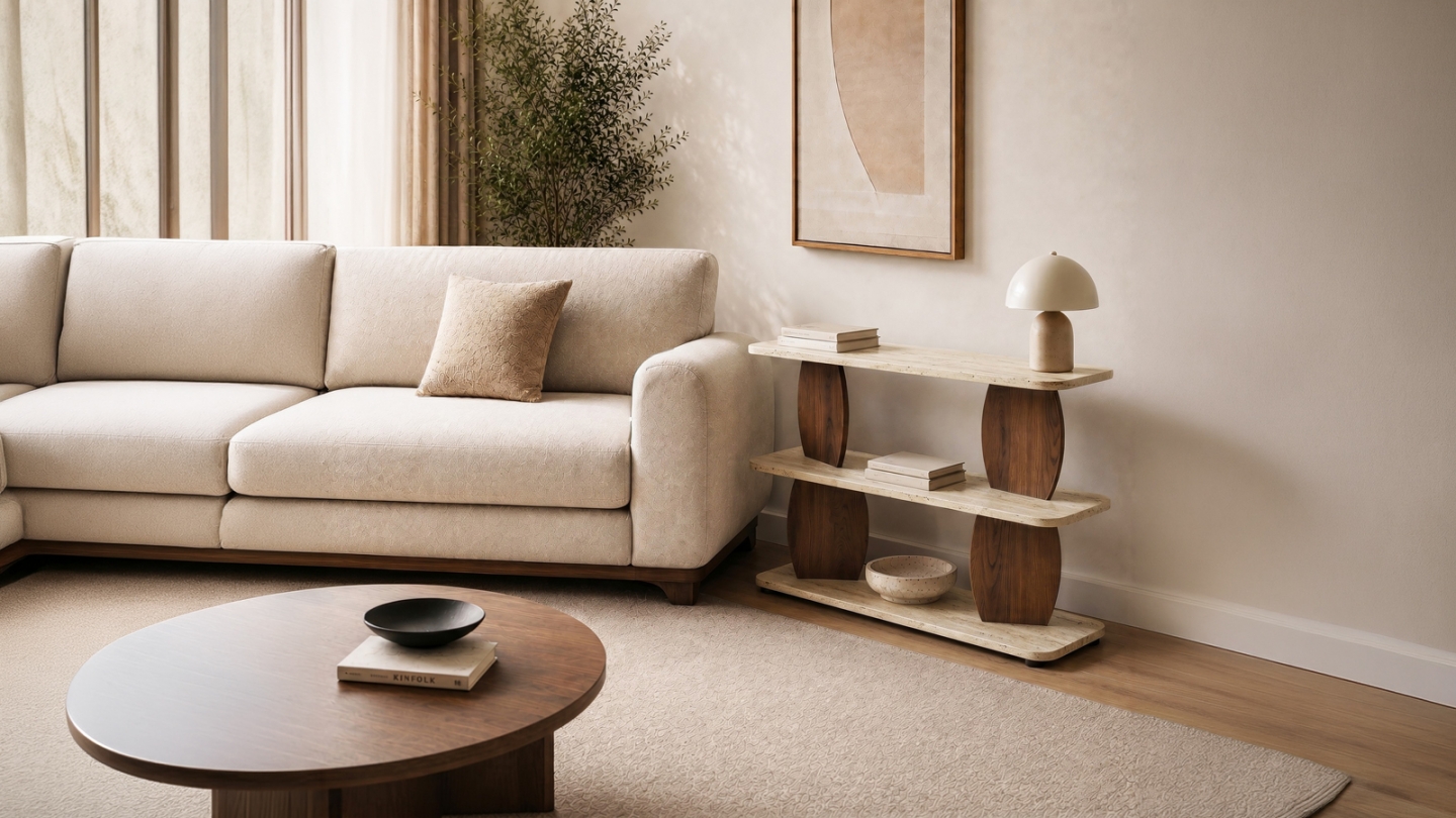 Table d'appoint 2 niches effet travertin et noyer 90 cm - Vero Table d'appoint 2 niches effet travertin et noyer 90 cm - Vero