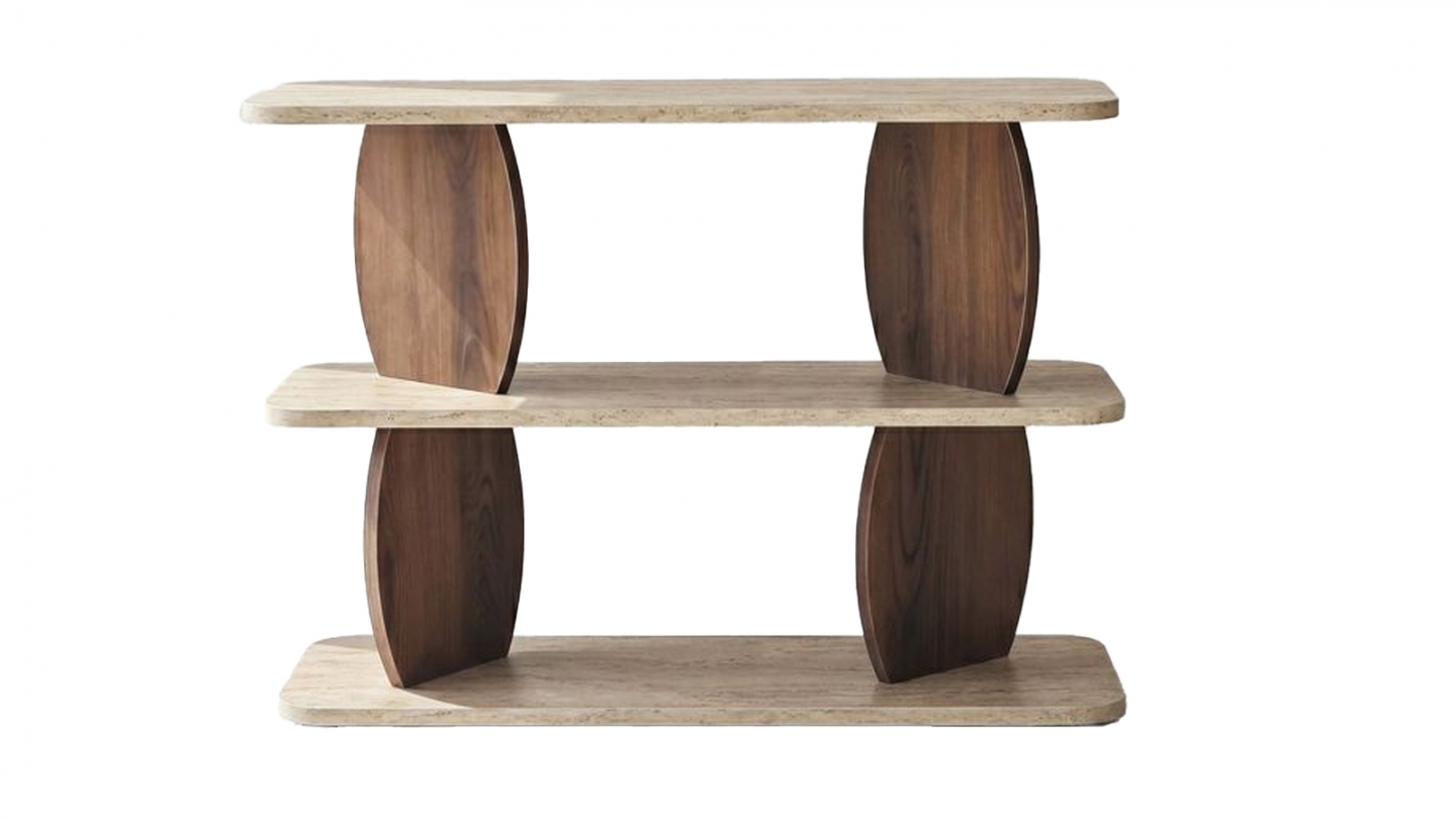 Table d'appoint 2 niches effet travertin et noyer 90 cm - Vero Table d'appoint 2 niches effet travertin et noyer 90 cm - Vero