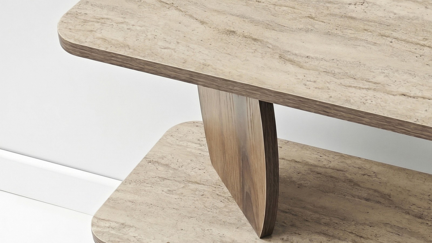 Table d'appoint 2 niches effet travertin et noyer 90 cm - Vero Table d'appoint 2 niches effet travertin et noyer 90 cm - Vero
