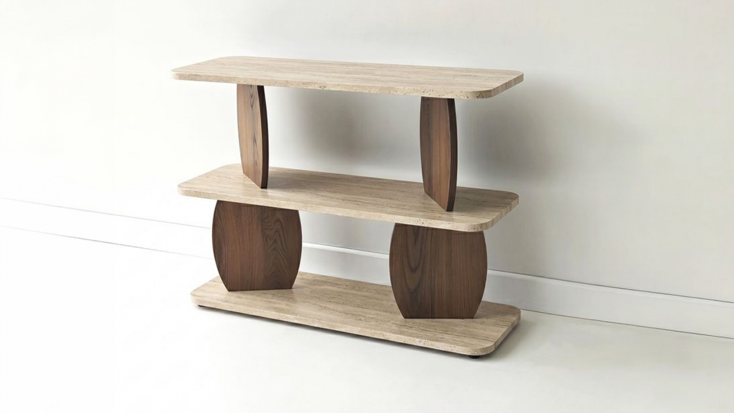 Table d'appoint 2 niches effet travertin et noyer 90 cm - Vero Table d'appoint 2 niches effet travertin et noyer 90 cm - Vero