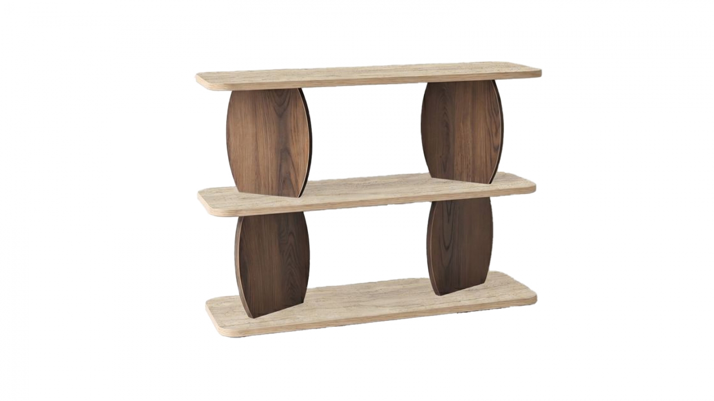 Table d'appoint 2 niches effet travertin et noyer 90 cm - Vero Table d'appoint 2 niches effet travertin et noyer 90 cm - Vero
