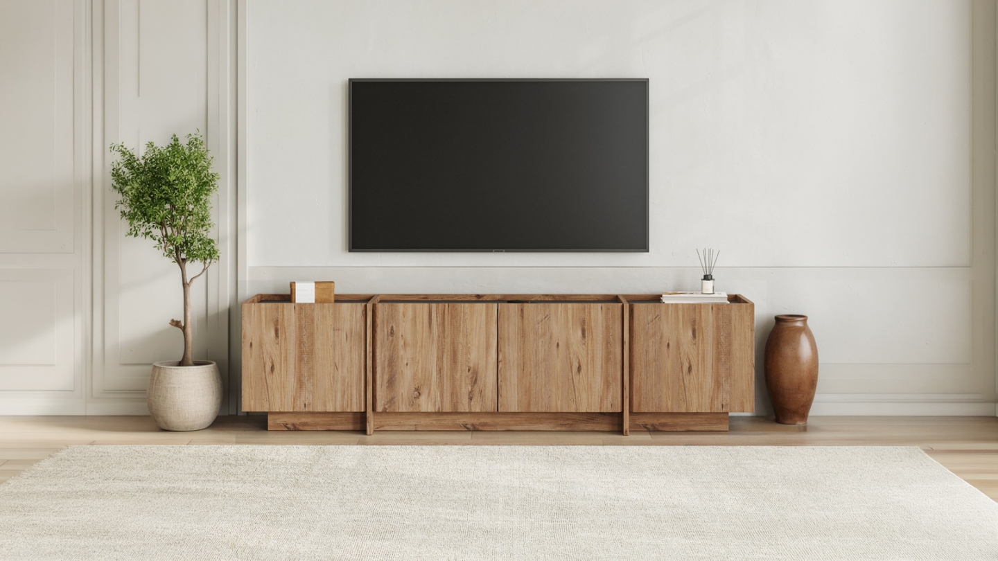 Meuble TV 4 portes effet pin et anthracite 180 cm - Hanao Meuble TV 4 portes effet pin et anthracite 180 cm - Hanao