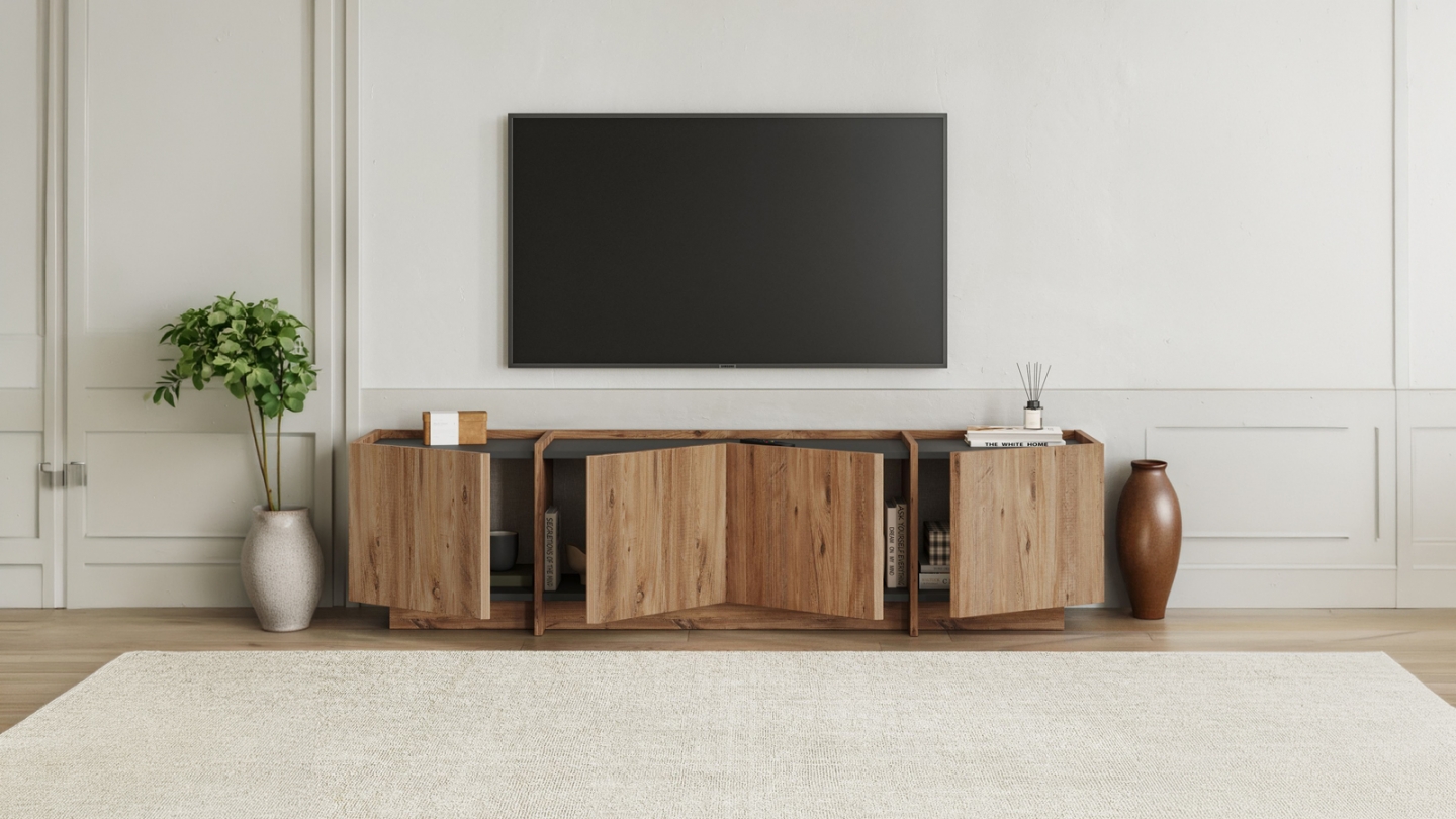 Meuble TV 4 portes effet pin et anthracite 180 cm - Hanao Meuble TV 4 portes effet pin et anthracite 180 cm - Hanao