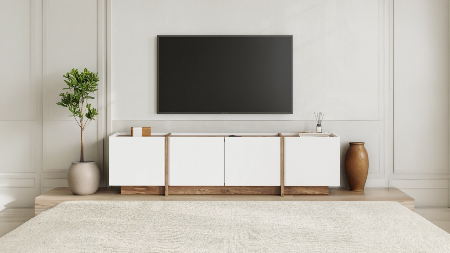 Meuble TV 4 portes effet pin et blanc 180 cm - Hanao Meuble TV 4 portes effet pin et blanc 180 cm - Hanao