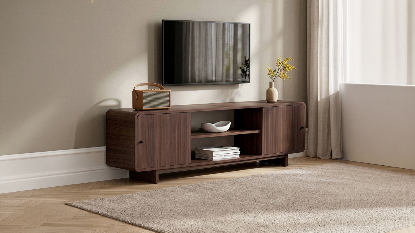 Meuble TV 2 portes 2 niches effet noyer 180 cm - Marno Meuble TV 2 portes 2 niches effet noyer 180 cm - Marno