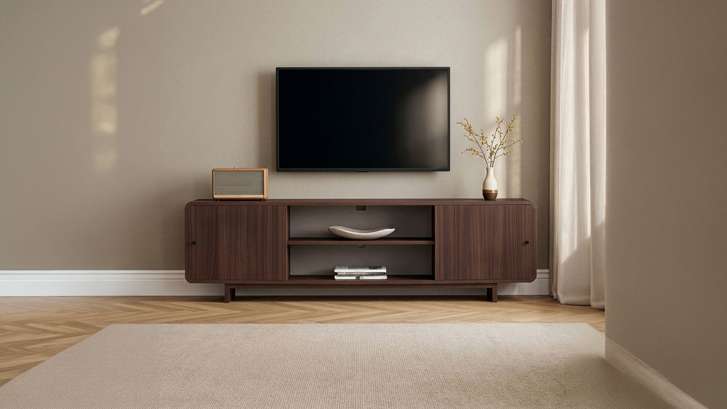 Meuble TV 2 portes 2 niches effet noyer 180 cm - Marno Meuble TV 2 portes 2 niches effet noyer 180 cm - Marno