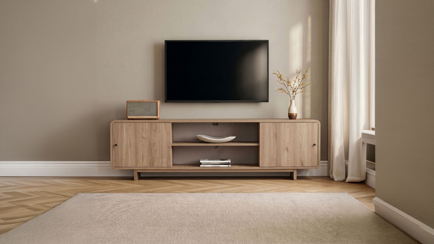 Meuble TV 2 portes 2 niches effet chêne 180 cm - Marno Meuble TV 2 portes 2 niches effet chêne 180 cm - Marno