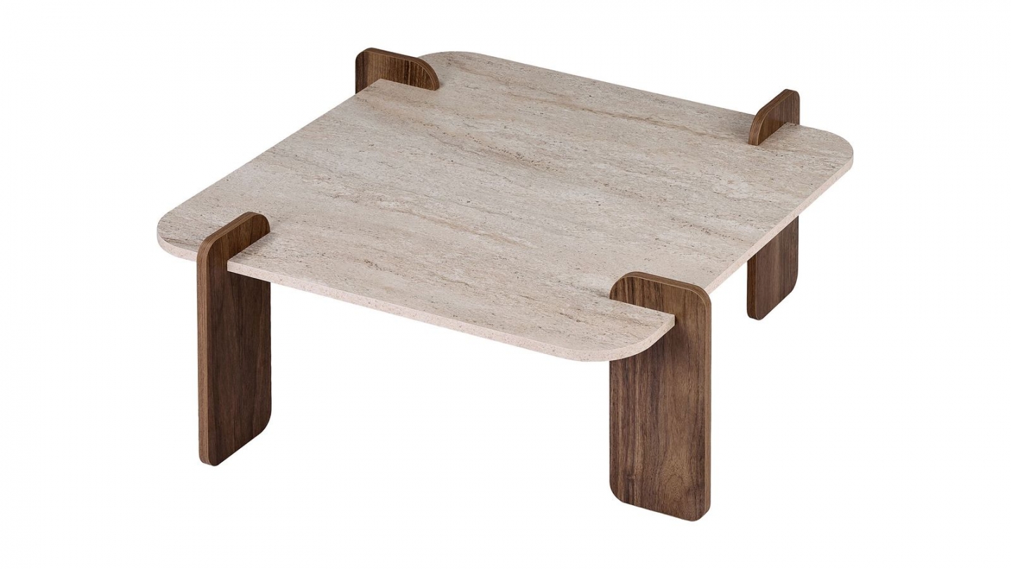 Table basse carrée effet travertin et noyer 117 cm - Joria Table basse carrée effet travertin et noyer 117 cm - Joria