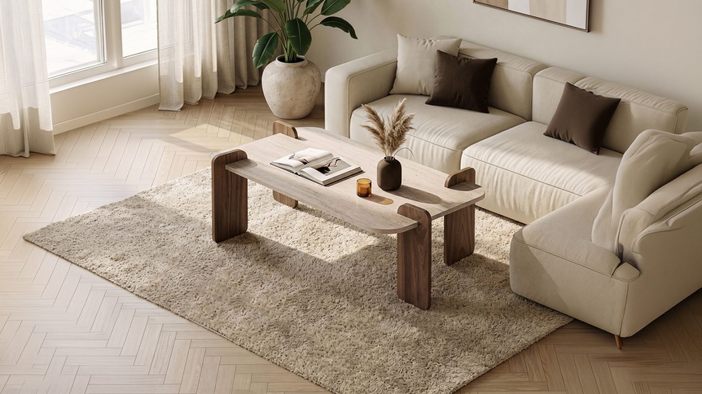 Table basse effet travertin et noyer 147 cm - Fario Table basse effet travertin et noyer 147 cm - Fario