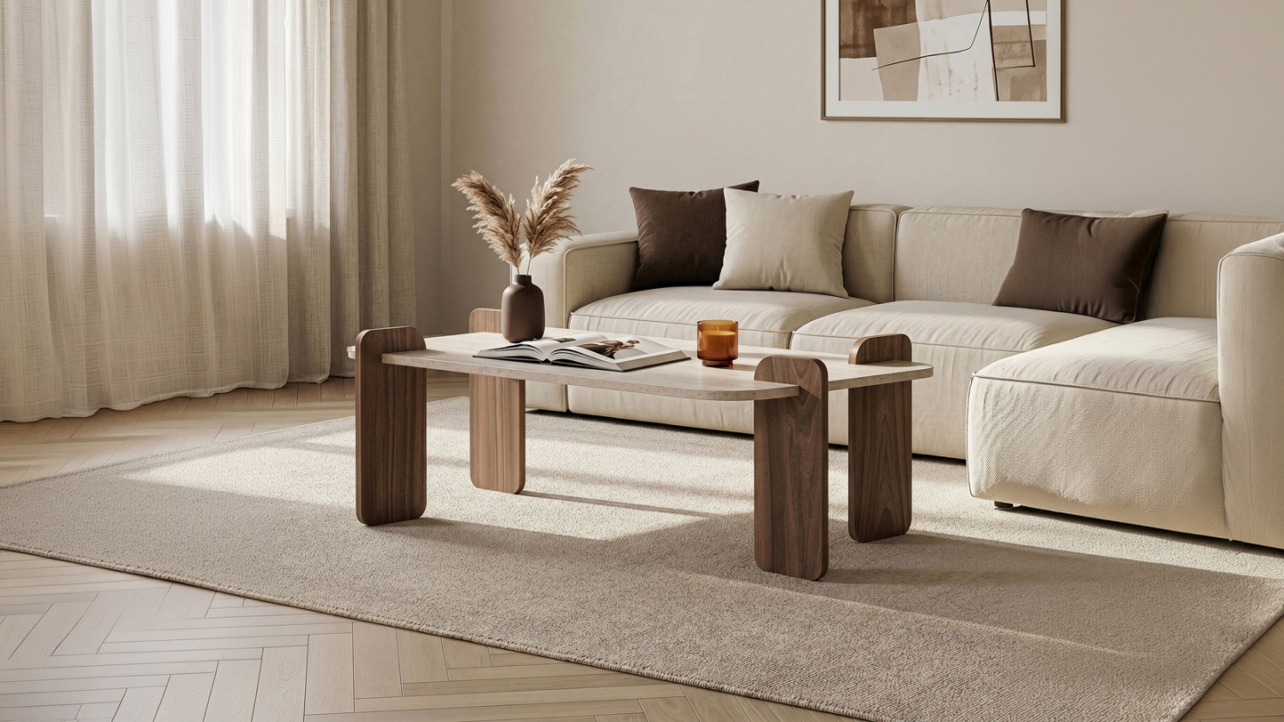 Table basse effet travertin et noyer 147 cm - Fario Table basse effet travertin et noyer 147 cm - Fario