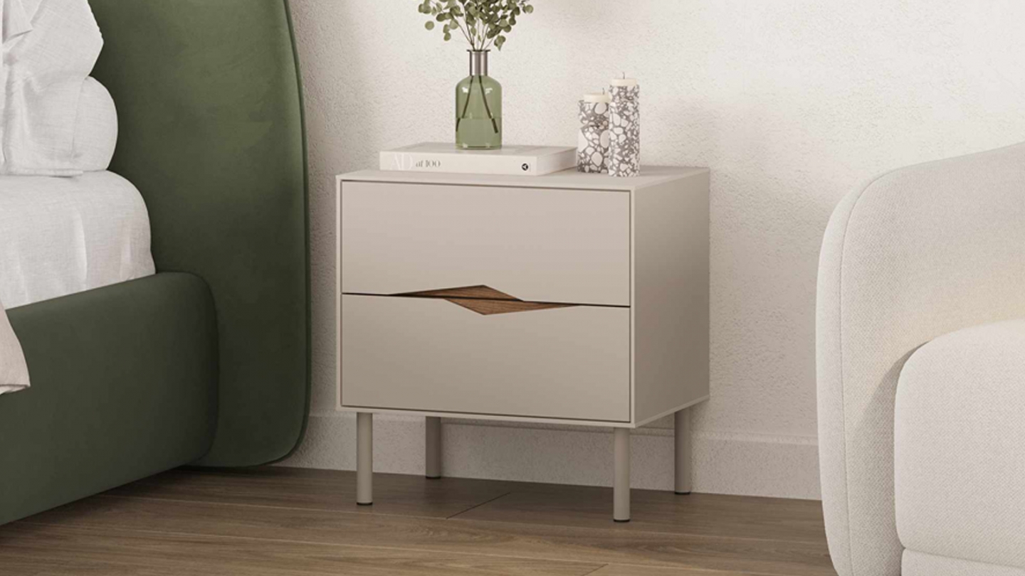 Table de chevet 2 tiroirs effet noyer foncé et beige 50 cm - Kelio Table de chevet 2 tiroirs effet noyer foncé et beige 50 cm - Kelio