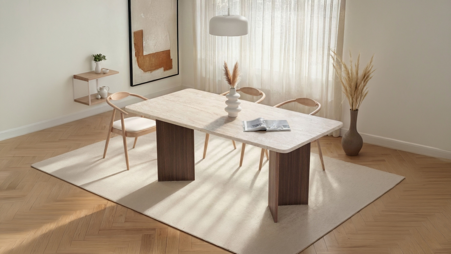 Table à manger effet travertin et noyer 6 convives 180 cm - Golia Table à manger effet travertin et noyer 6 convives 180 cm - Golia