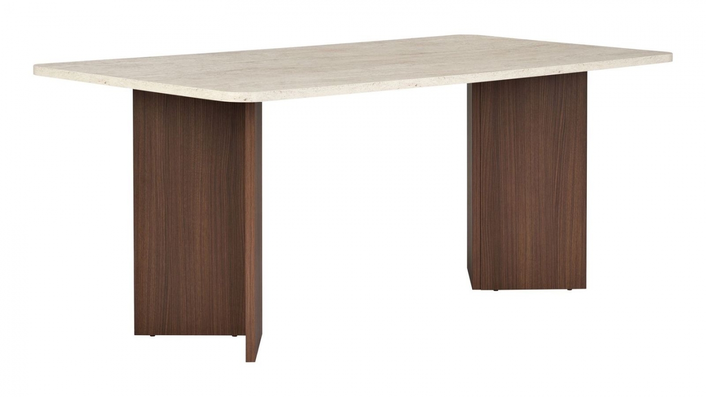 Table à manger effet travertin et noyer 6 convives 180 cm - Golia Table à manger effet travertin et noyer 6 convives 180 cm - Golia