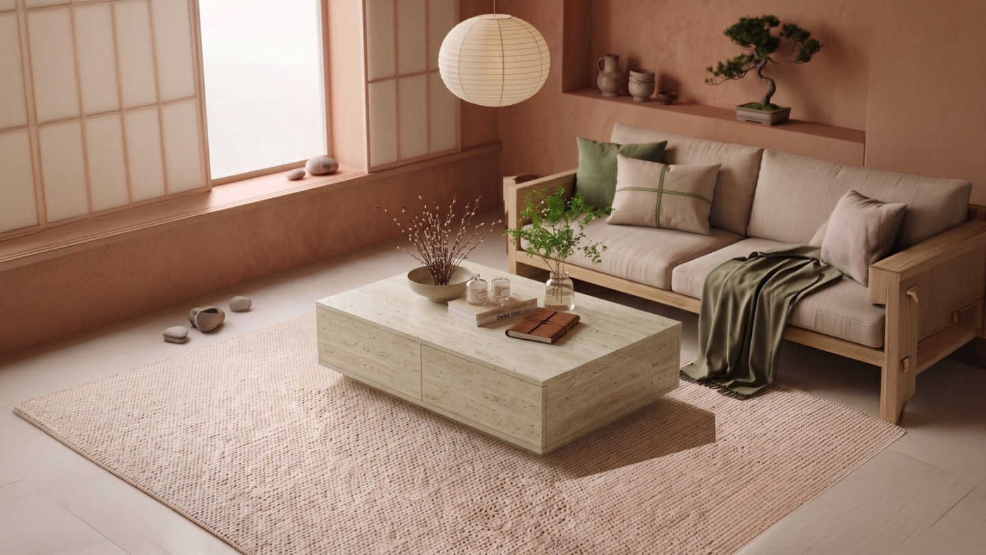 Table basse 2 portes effet travertin 90 cm - Vona Table basse 2 portes effet travertin 90 cm - Vona