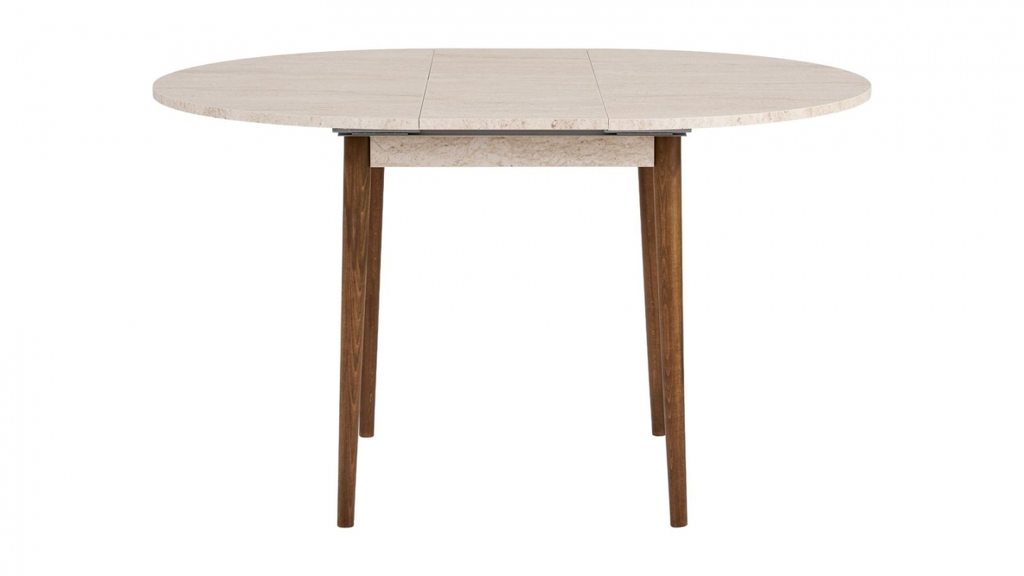 Table à manger extensible ronde effet travertin et noyer 4 convives 100/131 cm - Marea Table à manger extensible ronde effet travertin et noyer 4 convives 100/131 cm - Marea